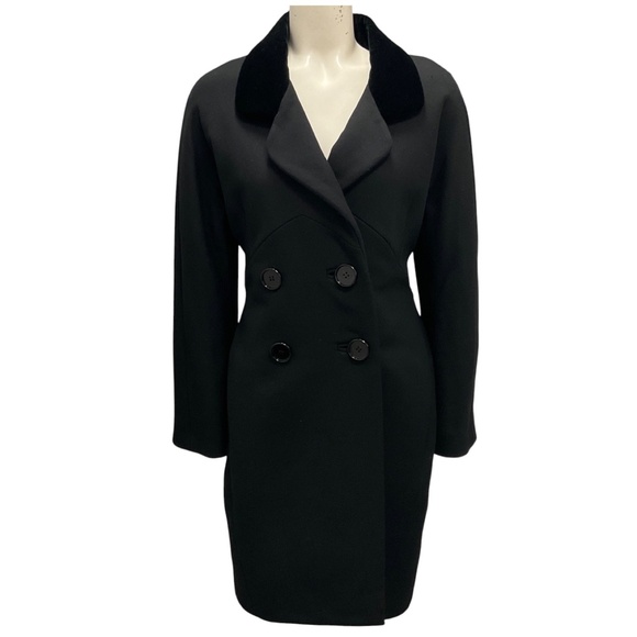 BALENCIAGA BLACK DOUBLE BREASTED MID LENGTH COAT WITH VELVET COLLAR - Picture 1 of 5